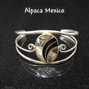 Alpaca Mexico Abalone Shell Cuff Bracelet Silver Tone 1970s Vintage Jewelry
